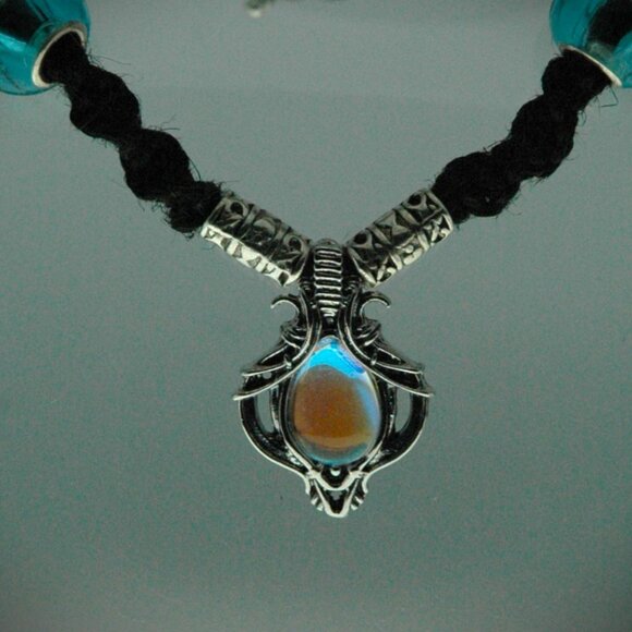 Bohemian Lotus Flower Teardrop Moonstone on a 20 1/2" Handmade Black Hemp Chain - Picture 5 of 6